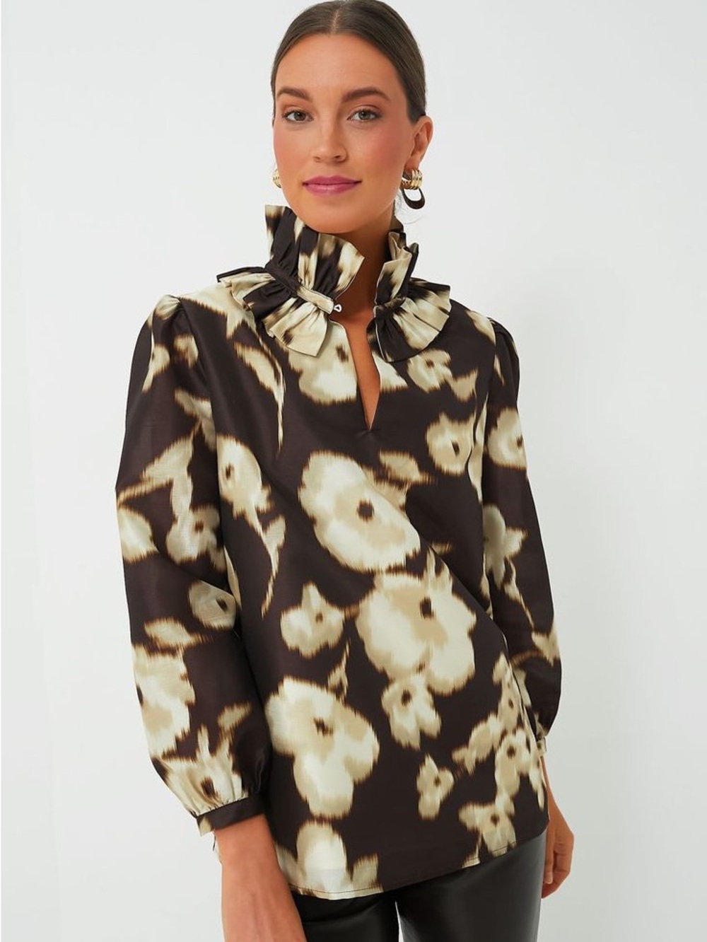 Tuckernuck Bouvier Ruffle Funnel Neck Blouse Brown Tan Floral  3/4 Sleeve Sz XS